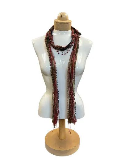 Boho Lightweight Mohair Scarf Necklace With Beaded Accents – Red Olive Blend | Made in USA Jewelry Michelle Marie Boutique  Scarves