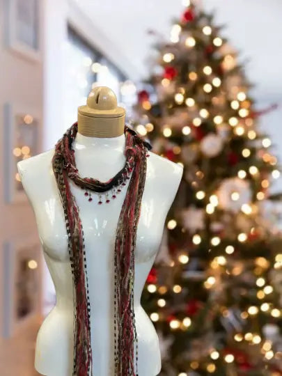 Boho Lightweight Mohair Scarf Necklace With Beaded Accents – Red Olive Blend | Made in USA Jewelry Michelle Marie Boutique  Scarves