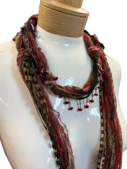 Boho Lightweight Mohair Scarf Necklace With Beaded Accents – Red Olive Blend | Made in USA Jewelry Michelle Marie Boutique  Scarves