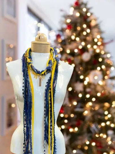 Boho Lightweight Mohair Scarf Necklace – Blue Yellow Beaded Textile Accessory | Made in USA Michelle Marie Boutique  Scarf