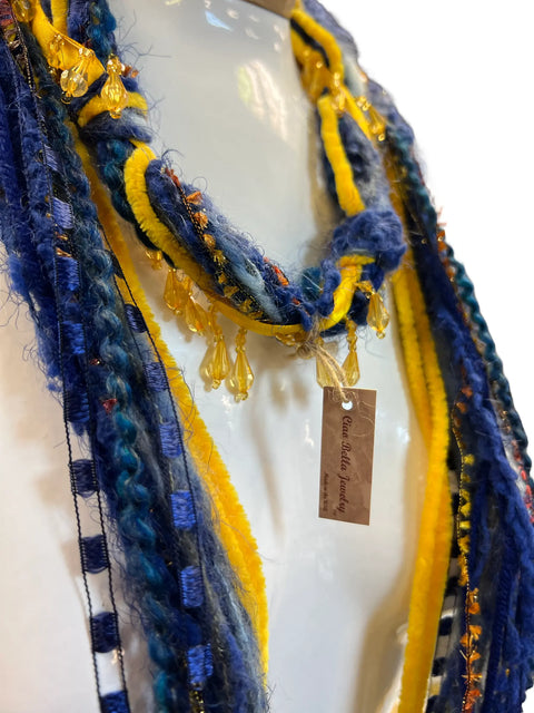 Boho Lightweight Mohair Scarf Necklace – Blue Yellow Beaded Textile Accessory | Made in USA Michelle Marie Boutique  Scarf