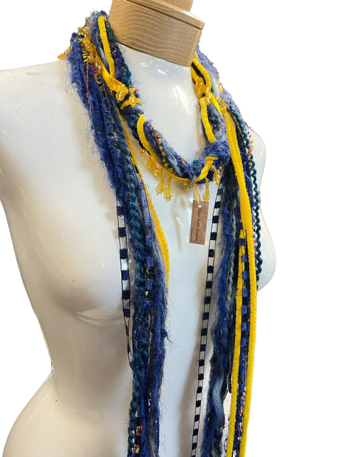 Boho Lightweight Mohair Scarf Necklace – Blue Yellow Beaded Textile Accessory | Made in USA Michelle Marie Boutique  Scarf
