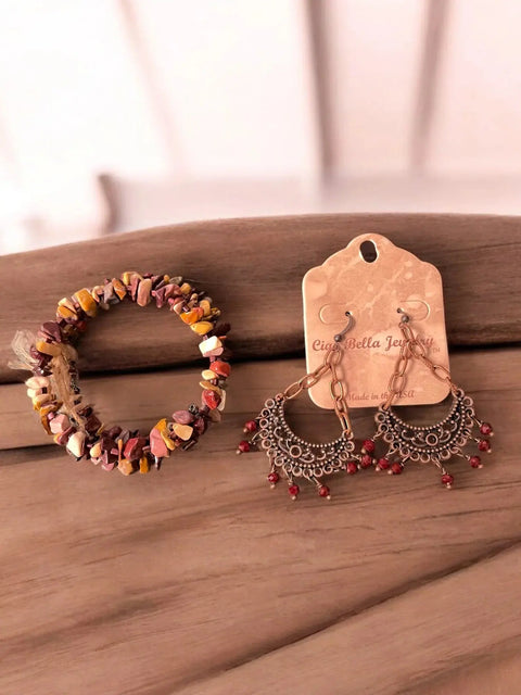 Boho Mookaite Wrap Bracelet and Red Crystal Dangle Earrings Set – Handmade Jewelry | Made in USA Michelle Marie Boutique  Bracelet Set