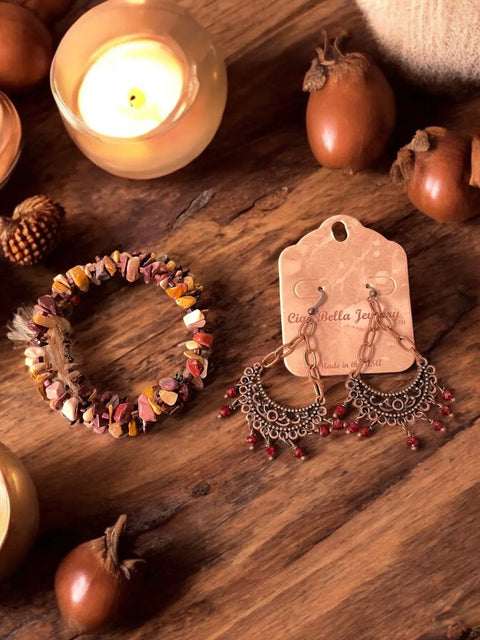 Boho Mookaite Wrap Bracelet and Red Crystal Dangle Earrings Set – Handmade Jewelry | Made in USA Michelle Marie Boutique  Bracelet Set