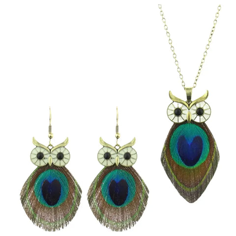 Boho Owl Necklace and Earrings Set with Real Peacock Feathers 24 Inch Chain – Handcrafted Jewelry | Made in USA Michelle Marie Boutique  Necklaces