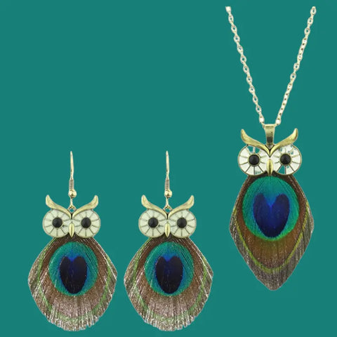 Boho Owl Necklace and Earrings Set with Real Peacock Feathers 24 Inch Chain – Handcrafted Jewelry | Made in USA Michelle Marie Boutique  Necklaces