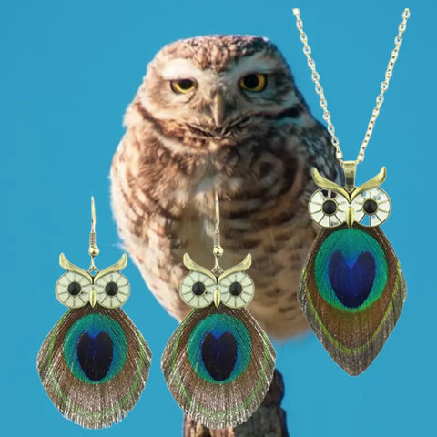 Boho Owl Necklace and Earrings Set with Real Peacock Feathers 24 Inch Chain – Handcrafted Jewelry | Made in USA Michelle Marie Boutique  Necklaces