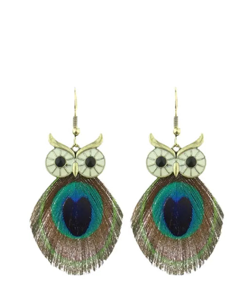 Boho Owl Necklace and Earrings Set with Real Peacock Feathers 24 Inch Chain – Handcrafted Jewelry | Made in USA Michelle Marie Boutique  Necklaces