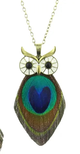 Boho Owl Necklace and Earrings Set with Real Peacock Feathers 24 Inch Chain – Handcrafted Jewelry | Made in USA Michelle Marie Boutique  Necklaces