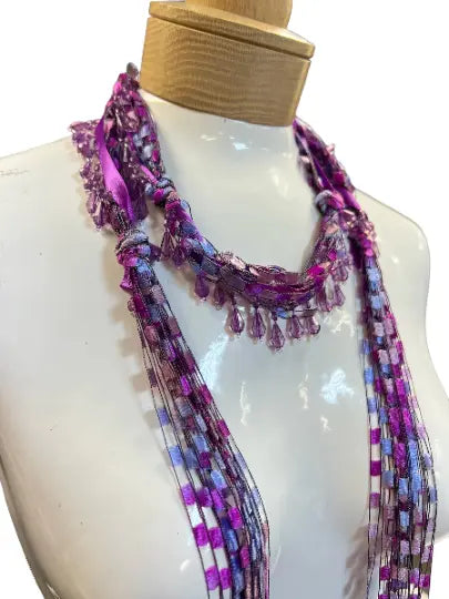 Boho Purple Beaded Mohair Scarf Necklace 48 Inch Lightweight Silk Yarn Accessory – Made in USA | Michelle Marie Boutique Michelle Marie Boutique  Scarf