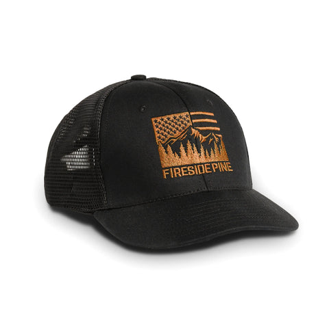 Boise River Trucker Hat – Black Cotton Front with Copper Embroidery – Adjustable Snapback | Made in USA Fireside Pine 
