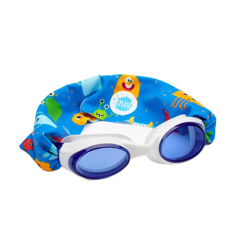 Boo Swim Goggles – Tangle-Free Monster Print Strap with Blue Lenses | One Size Fits All | Assembled In USA Splash Place  Swim Goggles