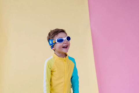 Boo Swim Goggles – Tangle-Free Monster Print Strap with Blue Lenses | One Size Fits All | Assembled In USA Splash Place  Swim Goggles
