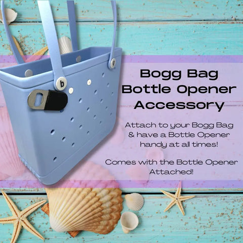 A light blue Bogg Bag by Chatelet Manufacturing is shown with the BogLets Bottle Opener Charm Accessory attached. This stainless steel opener keeps your bottle opener handy and is designed to fit perfectly with Bogg Bags. Seashells and starfish decorate the scene.