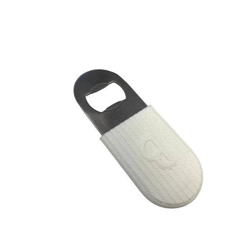 The Chatelet Manufacturing BOGLETS PREMIUM 2023 Bottle Opener features a white textured handle and embossed letter B—an accessory charm perfect for Bogg Bags, Simply Southern, and other tote bags. Shown against a plain white background.