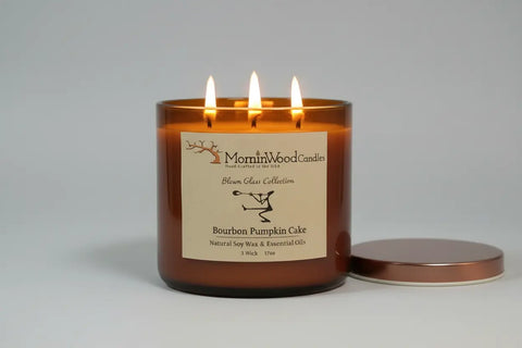 Bourbon Pumpkin Cake-Soy 3-Wick Blown Glass Collection MorninWood Candles  3 Wick Candle