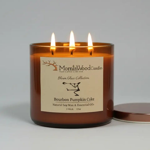 Bourbon Pumpkin Cake Soy Candle 17oz – 3 Wick Blown Glass Jar | Handcrafted Scented Candle Made in USA MorninWood Candles  3 Wick Candle