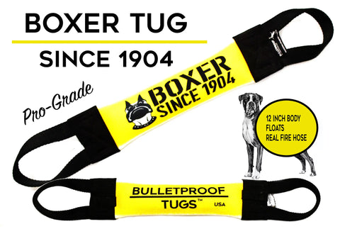 Two yellow and black Boxer Fire Hose Training Tugs by Bulletproof Pet Products Inc are shown with a drawing of a boxer dog and a yellow circle stating 12 inch body, floats, real fire hose.