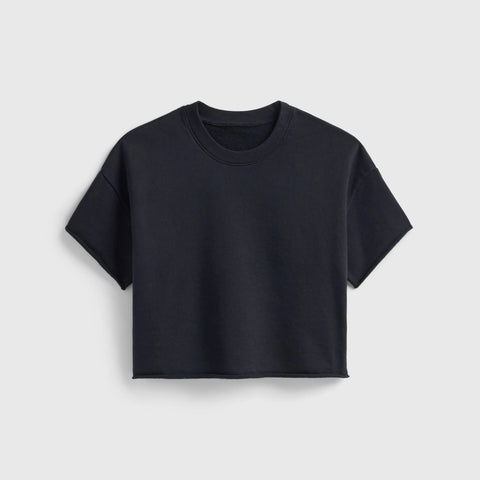 Boxy Black Crop Sweatshirt – Raw Hem Short Sleeve Top | Made in USA Casual Womens Apparel US Standard Apparel  CREWNECK SWEATSHIRT