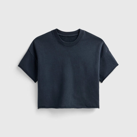 Boxy Black Crop Sweatshirt – Raw Hem Short Sleeve Top | Made in USA Casual Womens Apparel US Standard Apparel  CREWNECK SWEATSHIRT