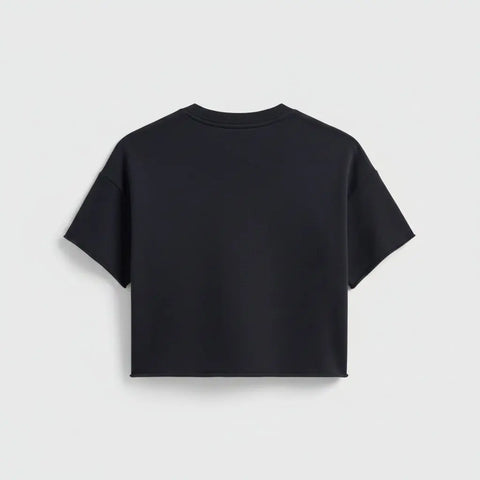Boxy Black Crop Sweatshirt – Raw Hem Short Sleeve Top | Made in USA Casual Womens Apparel US Standard Apparel  CREWNECK SWEATSHIRT