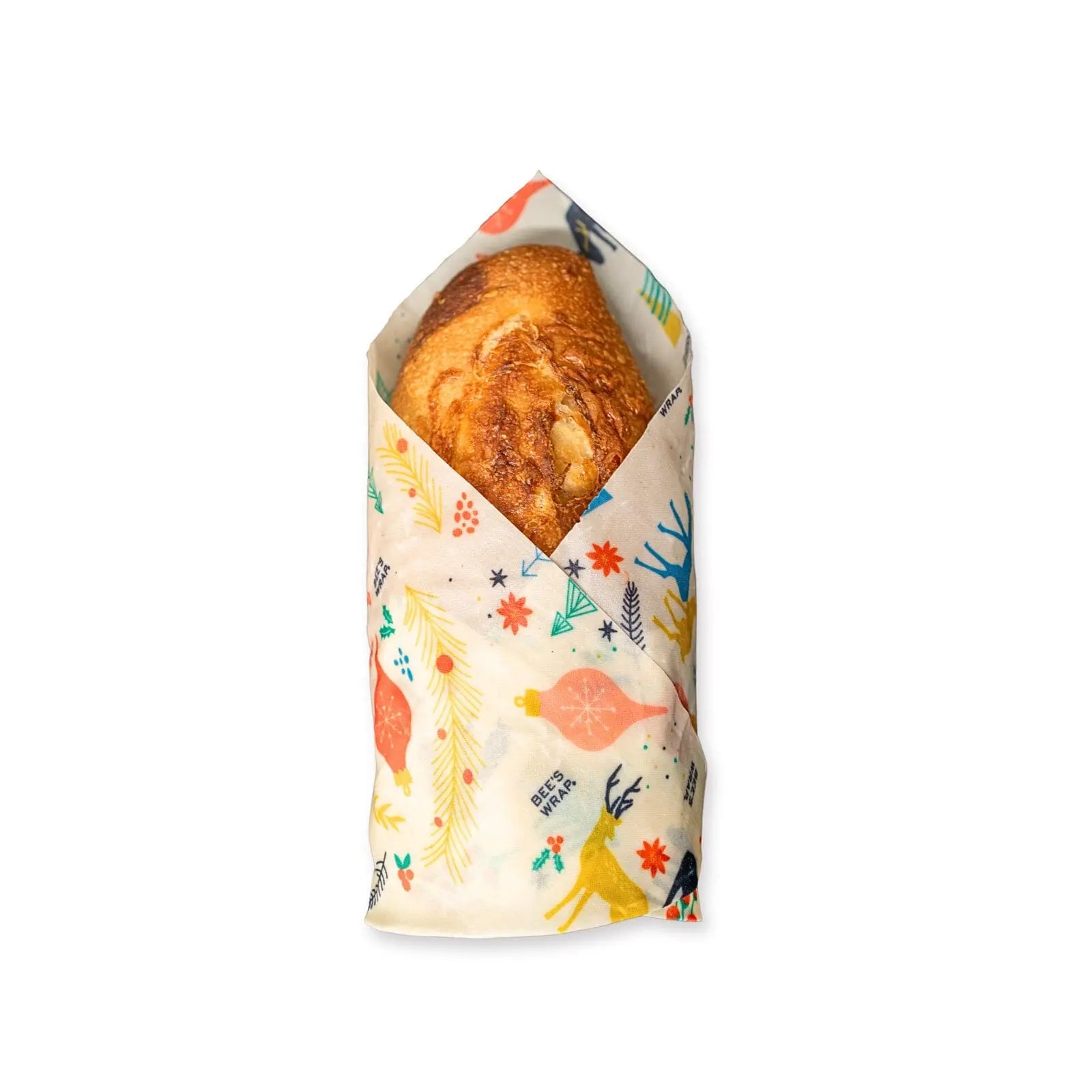 The Bees Wrap Bread Wrap, featuring bird and plant patterns, is a colorful, reusable solution for sustainable food storage, shown here wrapped around a baguette on a white background.