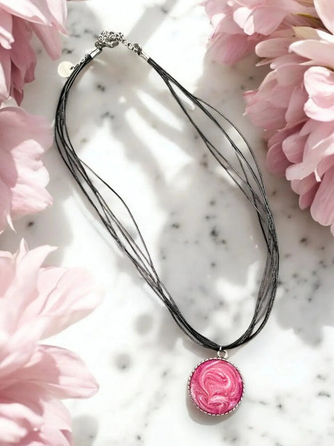 Breast Cancer Awareness Necklace – Pink White Resin Swirl Pendant on Six-Strand Cord | Made in USA Michelle Marie Boutique  Pendant Necklace