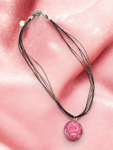 Breast Cancer Awareness Necklace – Pink White Resin Swirl Pendant on Six-Strand Cord | Made in USA Michelle Marie Boutique  Pendant Necklace