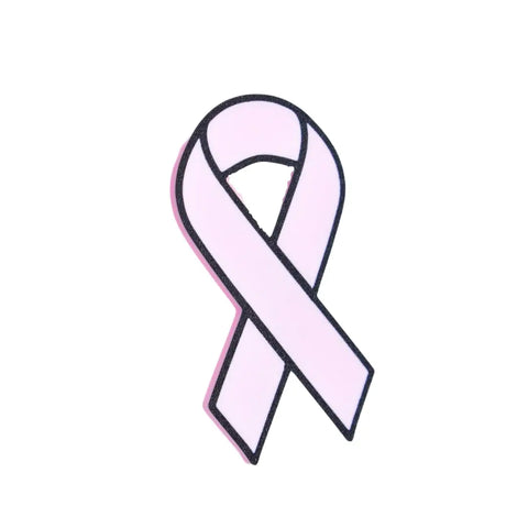 The Baglets - Pink Ribbon Charm by Chatelet Manufacturing features a light pink breast cancer awareness ribbon with a black outline, perfect for adding to Bogg Bags, Simply Southern, or other tote bags to show your support.