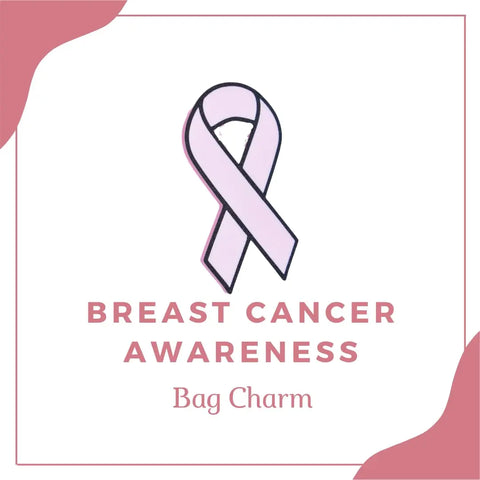 The Chatelet Manufacturing Baglets Pink Ribbon Charm to Support Breast Cancer Awareness sits above the text on a white background with pink accents, making it a perfect accessory for Bogg Bags, Simply Southern, and other tote bags.