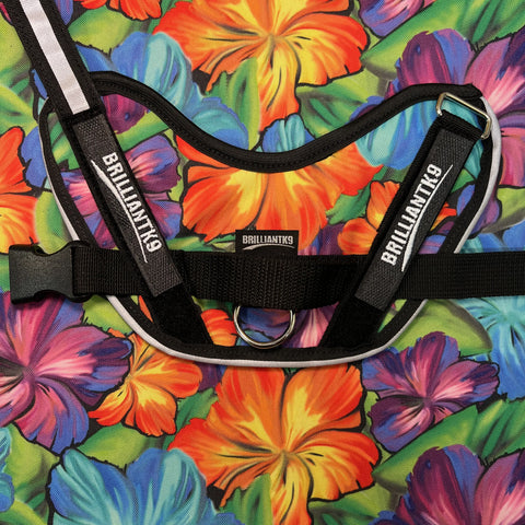 A BrilliantK9 Ergonomic Dog Harness for Extra Large Dogs (80+ lbs) rests on a vibrant backdrop of overlapping red, orange, yellow, purple, and blue hibiscus flowers. Made in the USA by BrilliantK9.