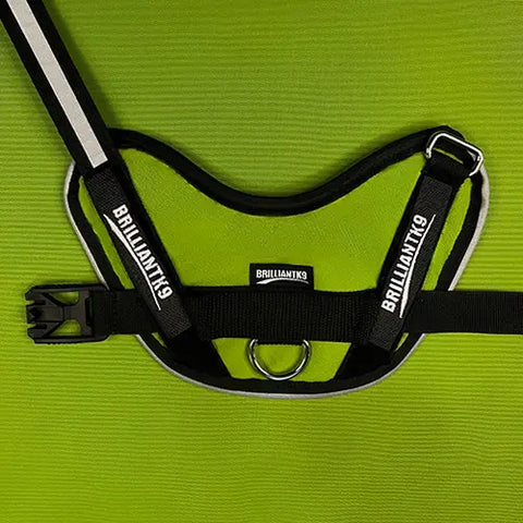 A BrilliantK9 Ergonomic Dog Harness for large dogs (50–80 lbs) in black and white, featuring an adjustable chest strap, plastic buckle, metal D-ring, and brand labels, is laid flat on a bright green textured surface.