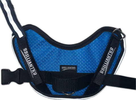 BrilliantK9 Ergonomic Small Dog Harness 10 to 20 Lbs - Summer Mesh in blue and black, features a plastic buckle, metal ring, reflective stripe for safety, and BRILLIANTK9 on the straps.