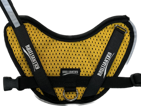 The BrilliantK9 Ergonomic Small Dog Harness 10 to 20 Lbs - Summer Mesh is a yellow harness with black trim, adjustable straps, and an ergonomic design. BrilliantK9 appears in white on the black straps and a center patch.