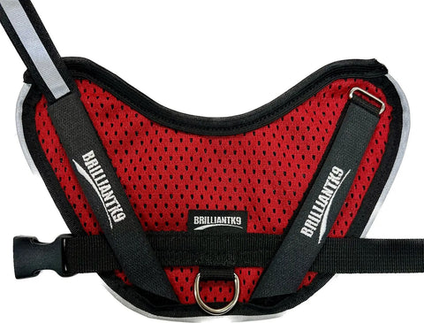 The BrilliantK9 Ergonomic Little Dog Harness 10lbs & Under - Summer Mesh features dual-layer red and black jersey mesh, reflective edges, a center metal ring, and buckle for fastening; breathable design keeps small dogs cool and comfy.