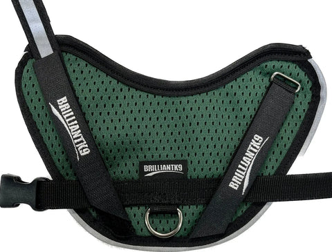 The BrilliantK9 Ergonomic Little Dog Harness 10lbs & Under - Summer Mesh features a green and black design, breathable double-layer Jersey mesh, BRILLIANTK9-labeled black straps, and a sturdy center metal D-ring for leash attachment.