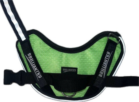The BrilliantK9 Ergonomic Little Dog Harness 10lbs & Under - Summer Mesh features green and black colors, dual-layer soft jersey mesh, reflective strip, adjustable buckle, metal leash ring, and BRILLIANTK9 printed on the straps.
