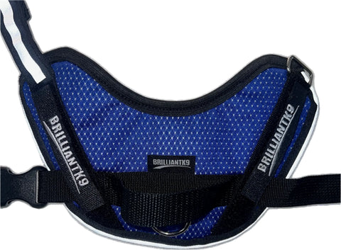 The BrilliantK9 Ergonomic Little Dog Harness 10lbs & Under - Summer Mesh features blue/black colors, BRILLIANTK9 branding, dual-layer soft jersey mesh for comfort, adjustable straps, breathable mesh, and a sturdy metal ring attachment.