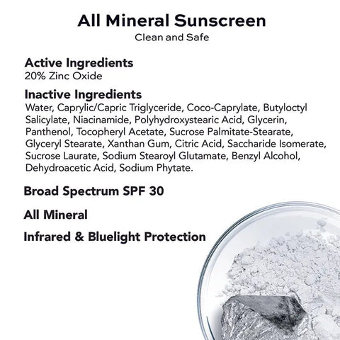 The SPF 30 Sheer Moisturizer by Open Formula is an all mineral sunscreen with 20% zinc oxide. The label lists broad spectrum protection, a mineral formula, blue-violet light defense, inactive ingredients, and shows a dish of white powder.