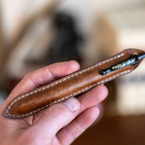 Brown Leather Pen Sleeve With Free Pilot G2 Pen – Handcrafted Writing Accessory | Made in USA KC Laser Co 