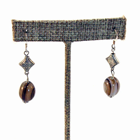 Brown and White Agate Gemstone Dangle Earrings – Lightweight Silver Diamond Spacers | Made in USA by Michelle Marie Boutique Michelle Marie Boutique  Earrings