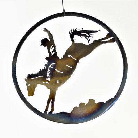 Bucking Bronco Rider Metal Wall Art – Rustic Circle Decor | Handmade in USA Knights Home Decor  item