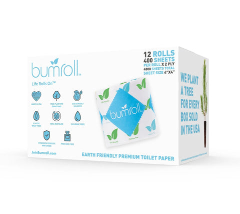 A white box of Bumroll Premium Toilet Paper displays eco-friendly icons, a tree graphic, and details: 12 rolls, 400 sheets/roll, 2-ply. Made from recycled, sustainable materials. For every box sold, Bumroll plants a tree in the USA. Chlorine free.