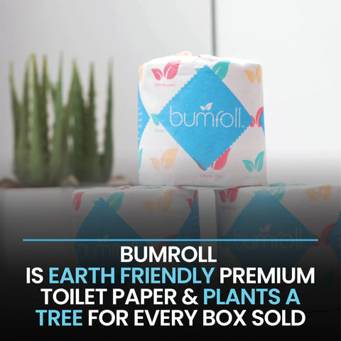 A roll of Bumroll Premium Toilet Paper is shown by cacti. Text reads: “Bumroll is eco-friendly, made from recycled materials, and plants trees in the USA with every box sold.”.