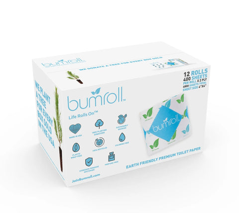 A white box of Bumroll Premium Toilet Paper features blue and green designs, eco-friendly icons, and “12 rolls, 400 sheets per roll.” Recycled packaging highlights its sustainability and that Bumroll plants trees in the USA.