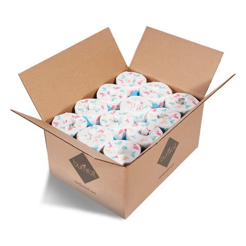 An open box holds several rolls of Bumroll Premium Toilet Paper, wrapped in white paper with a colorful leaf pattern. The Bumroll brand and Plants Trees in the USA are featured, emphasizing recycled, sustainable materials.