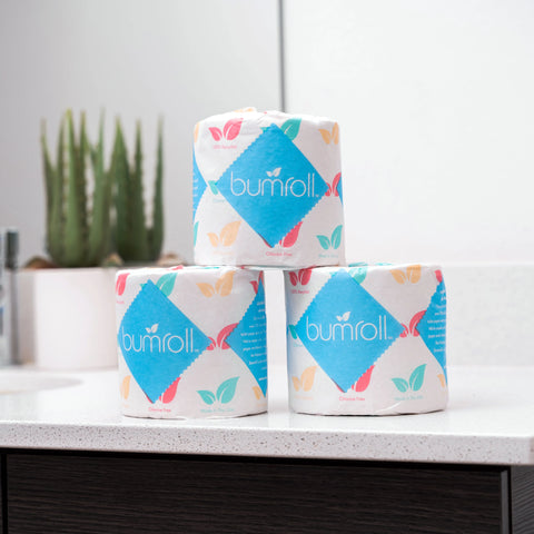Three rolls of Bumroll Premium Toilet Paper by Bumroll, which plants trees in the USA, are stacked on a bathroom countertop beside a potted cactus, with a mirror and sink visible in the background.