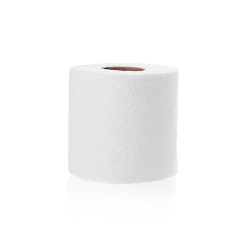 A single roll of Bumroll Premium Toilet Paper by Bumroll, chlorine-free with a subtle embossed pattern, stands upright on a white background—eco-friendly, made from recycled materials, and helps plant trees in the USA.