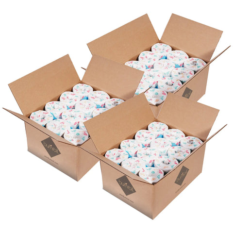 Three open Bumroll boxes display neatly arranged Bumroll Premium Toilet Paper, each chlorine-free roll wrapped in decorative floral paper—an eco-friendly, sustainable choice that helps plant trees in the USA.