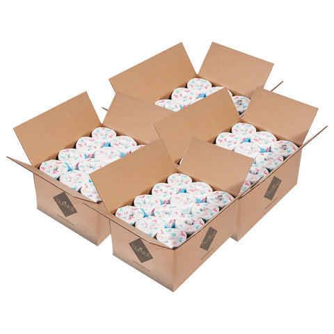 Five open cardboard boxes display stacks of Bumroll Premium Toilet Paper by Bumroll, featuring pastel floral patterns. Eco-friendly and arranged in a grid, each purchase plants trees in the USA.